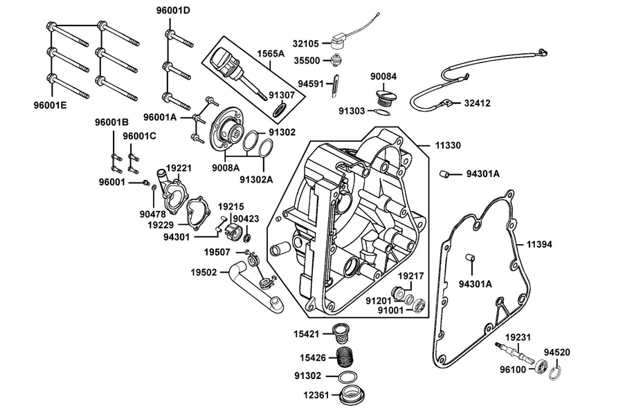 E04 Right Crankcase Cover and Water Pump parts diagram