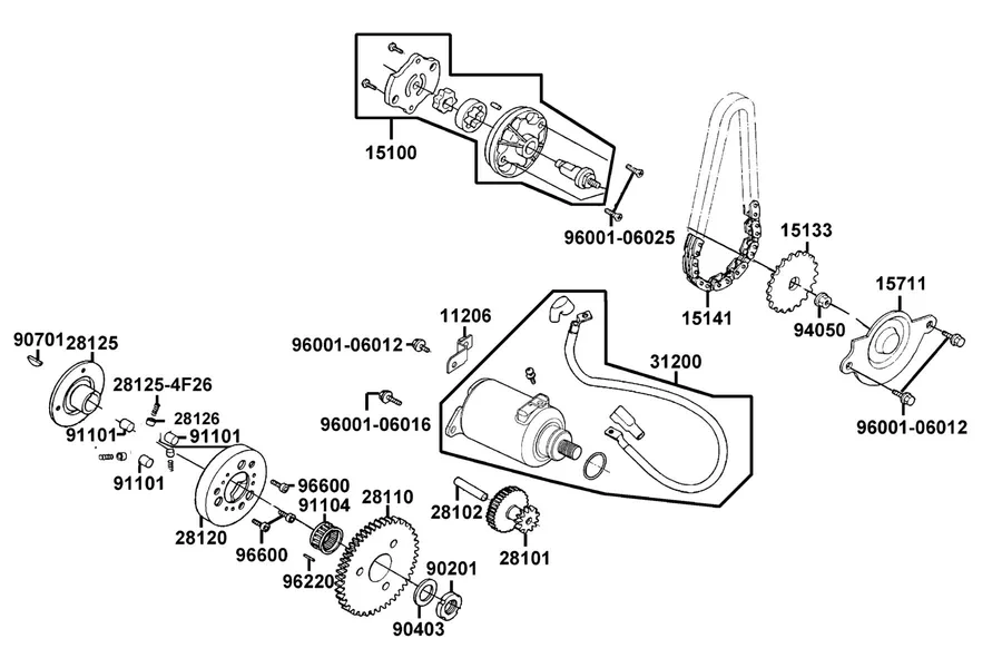 E07 Starting Motor and Oil Pump parts diagram