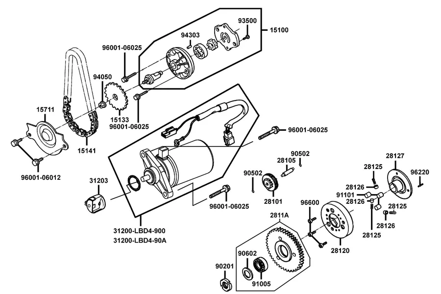 E06 Starting Motor and Oil Pump parts diagram