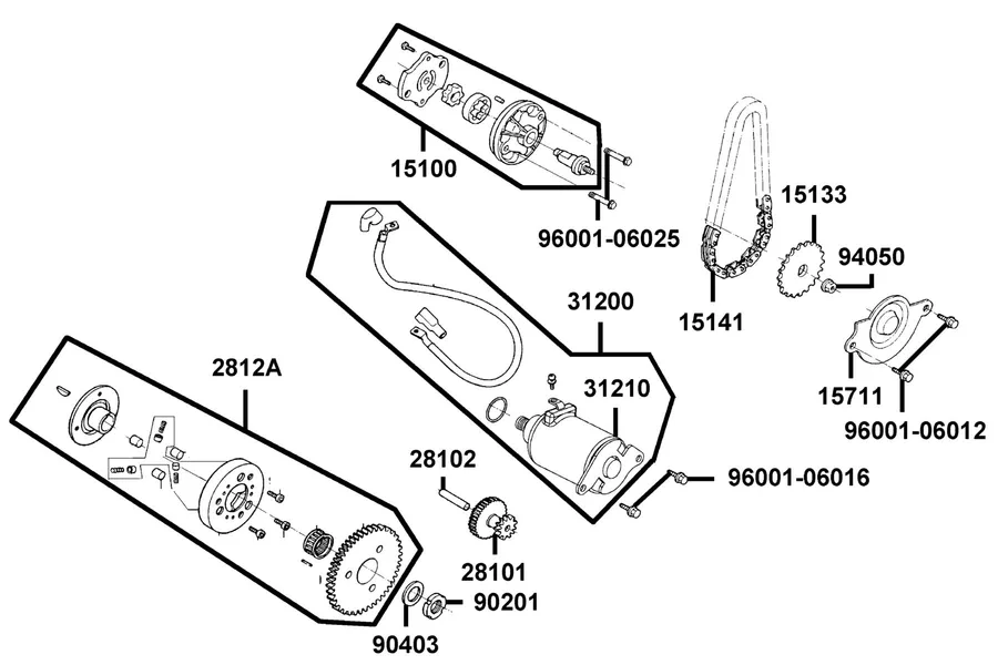 E06 Starting Motor and Oil Pump parts diagram
