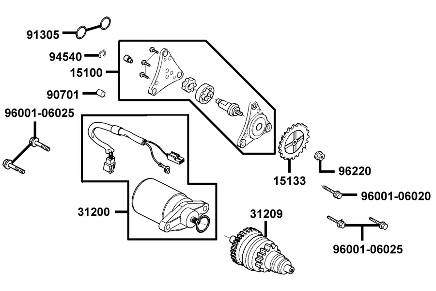 E07 Starting Motor and Oil Pump parts diagram