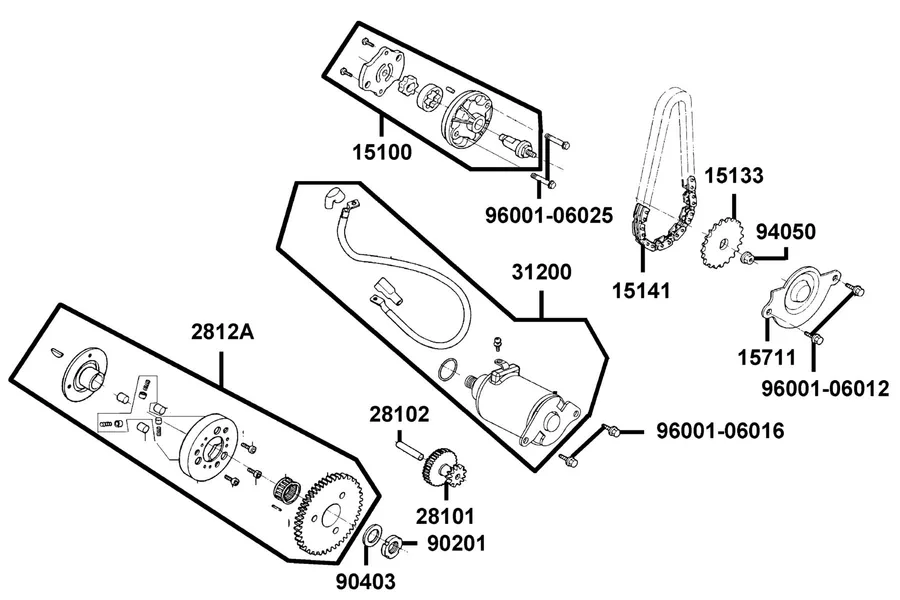 E06 Starting Motor and Oil Pump parts diagram