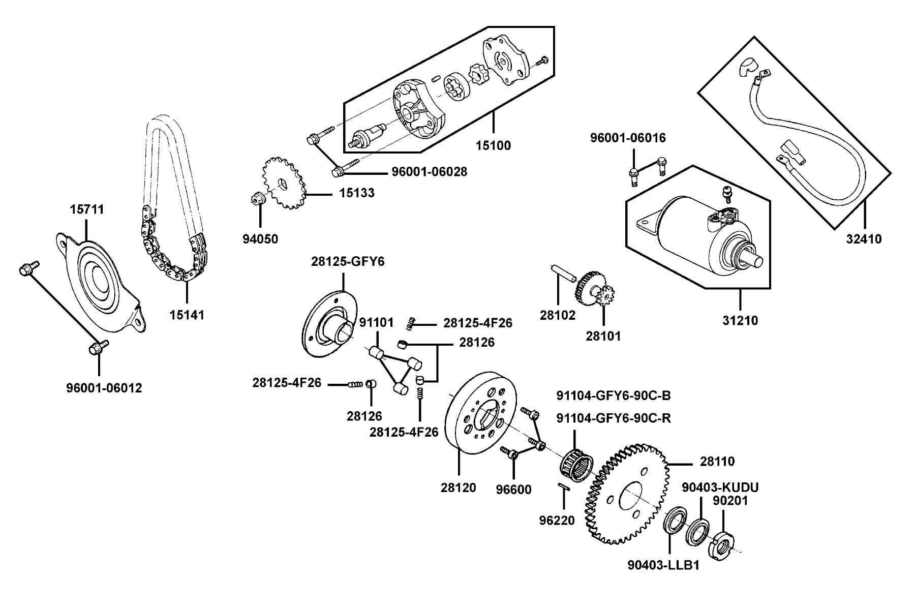 KYMCO Mxer 150 (2002) Starting Motor and Oil Pump parts diagram