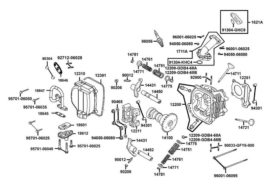 E02 Cylinder Head Cover and Cylinder Head parts diagram