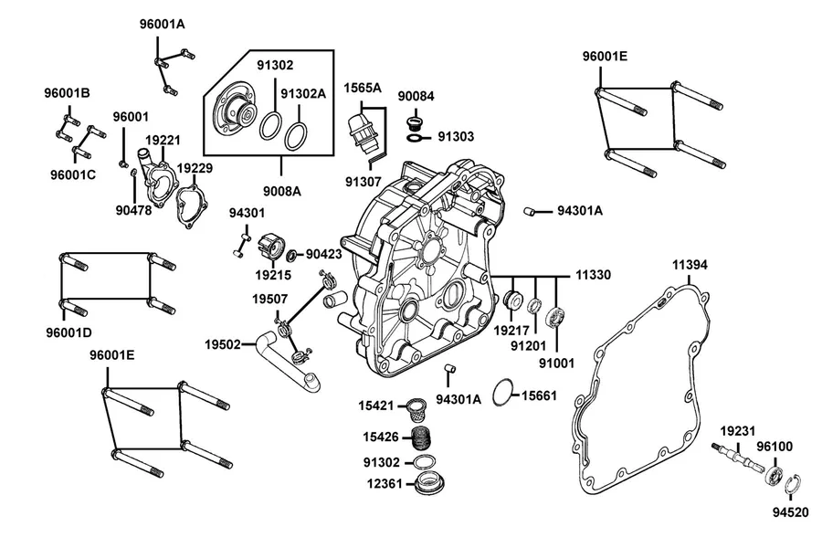 E04 Right Crankcase Cover and Water Pump parts diagram