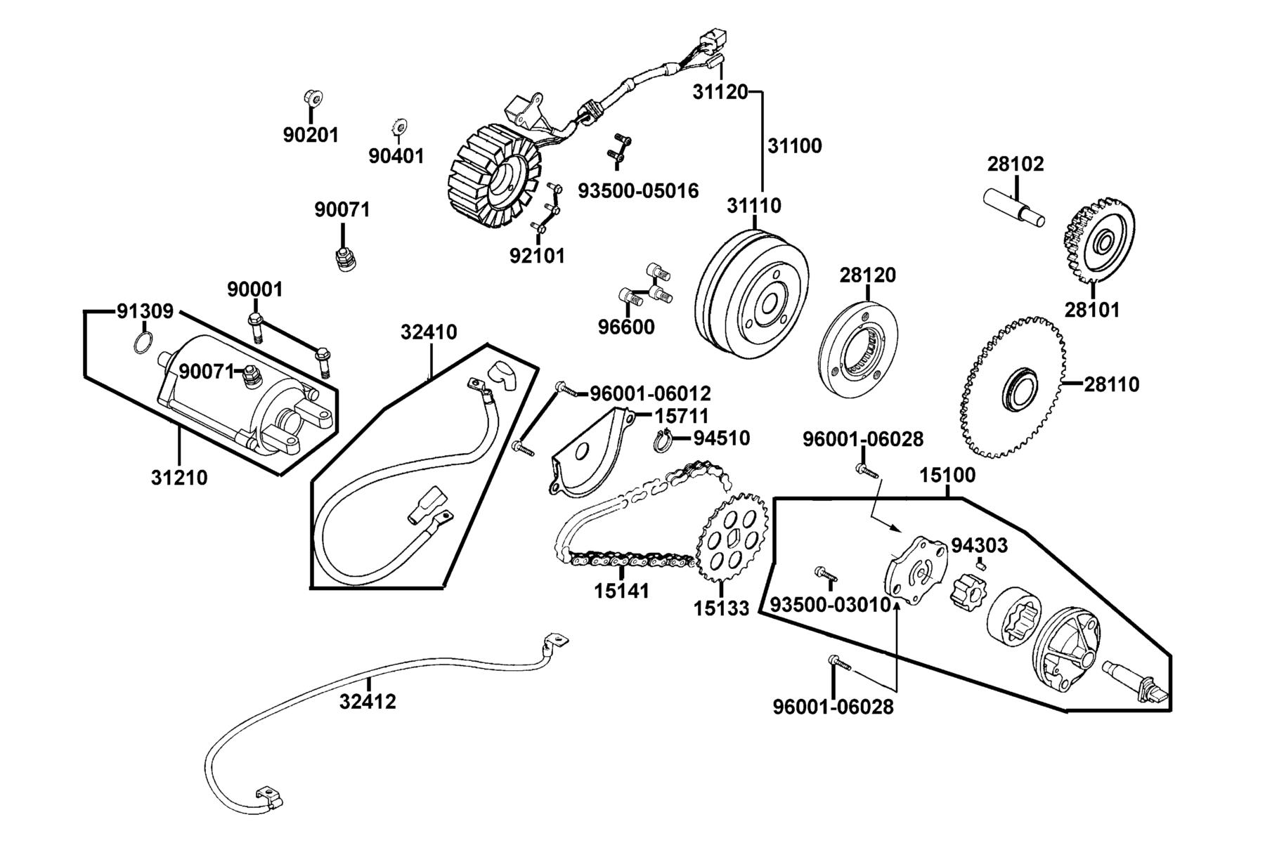 Mongoose 270i EPA/EFI(2025MY) Starting Motor ● Generator parts diagram