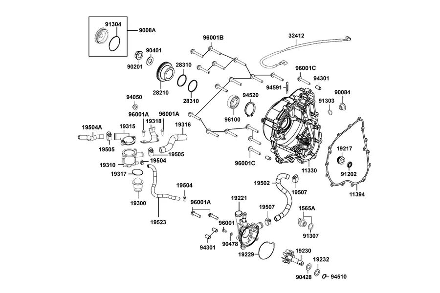 E04 Right Crankcase Cover and Water Pump parts diagram