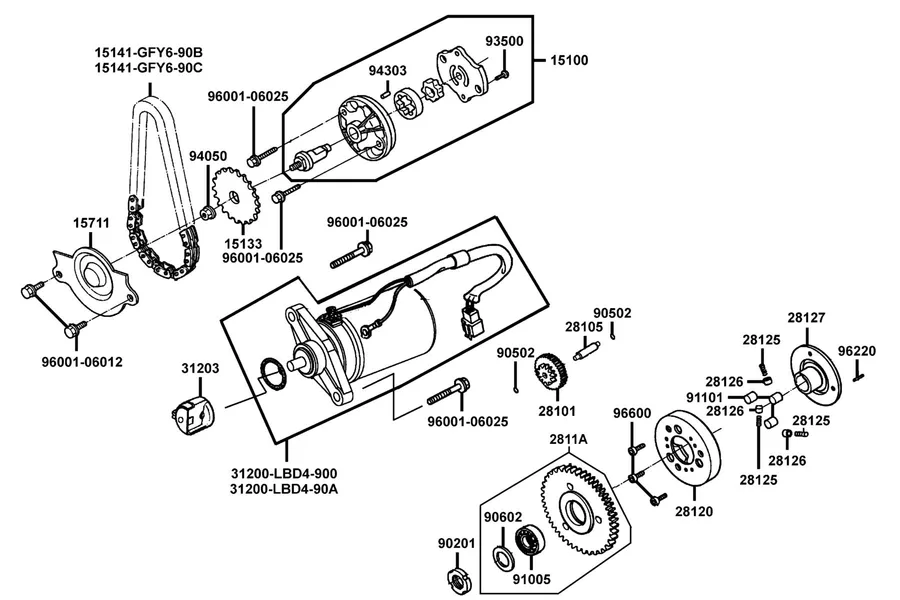 E06 Starting Motor and Oil Pump parts diagram