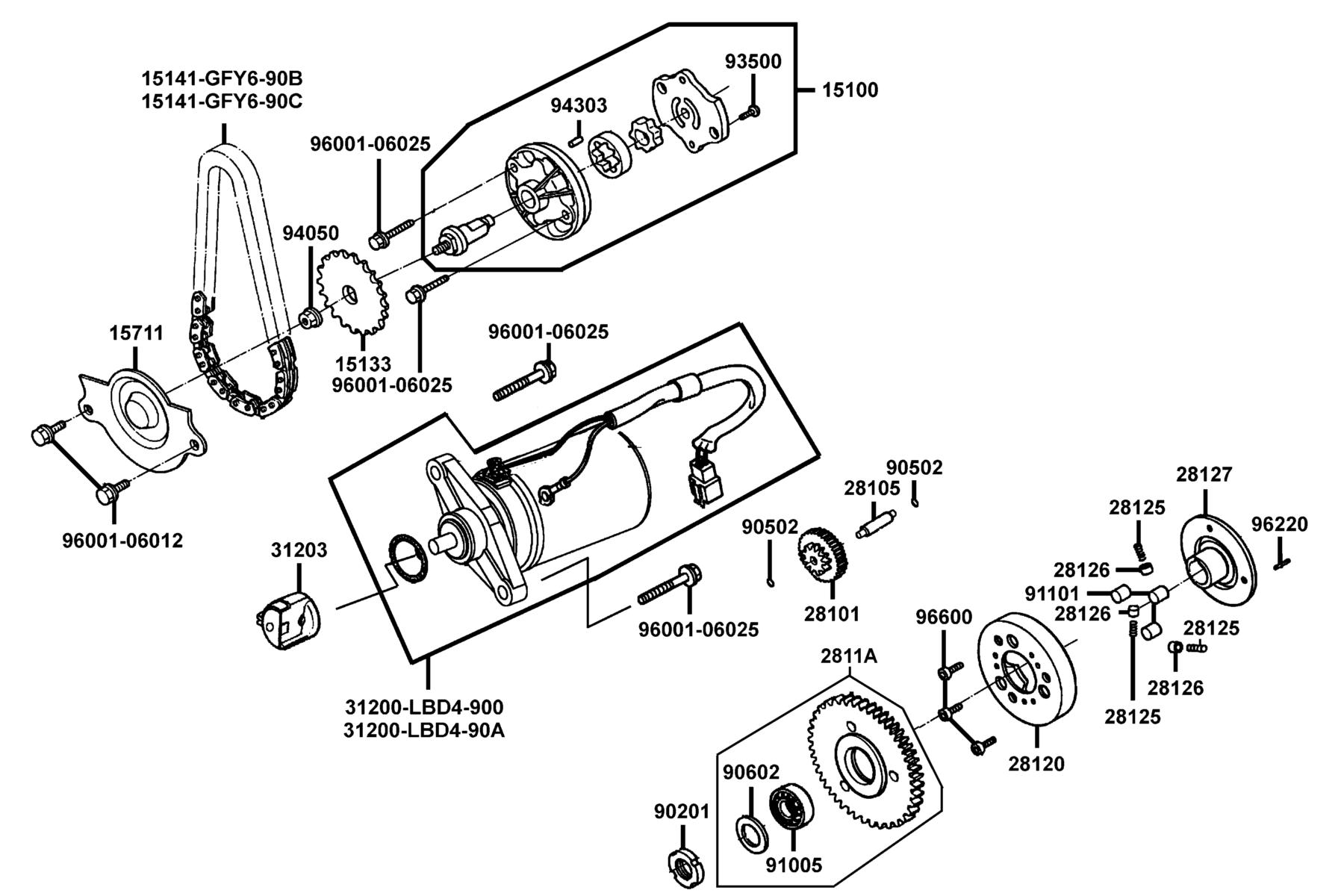 KYMCO Mongoose 90 Starting Motor and Oil Pump parts diagram