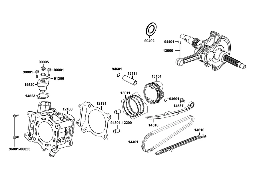E03 Cylinder, Piston and Crankshaft parts diagram