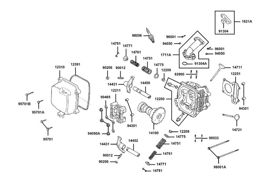 E02 Cylinder Head Cover and Cylinder Head parts diagram