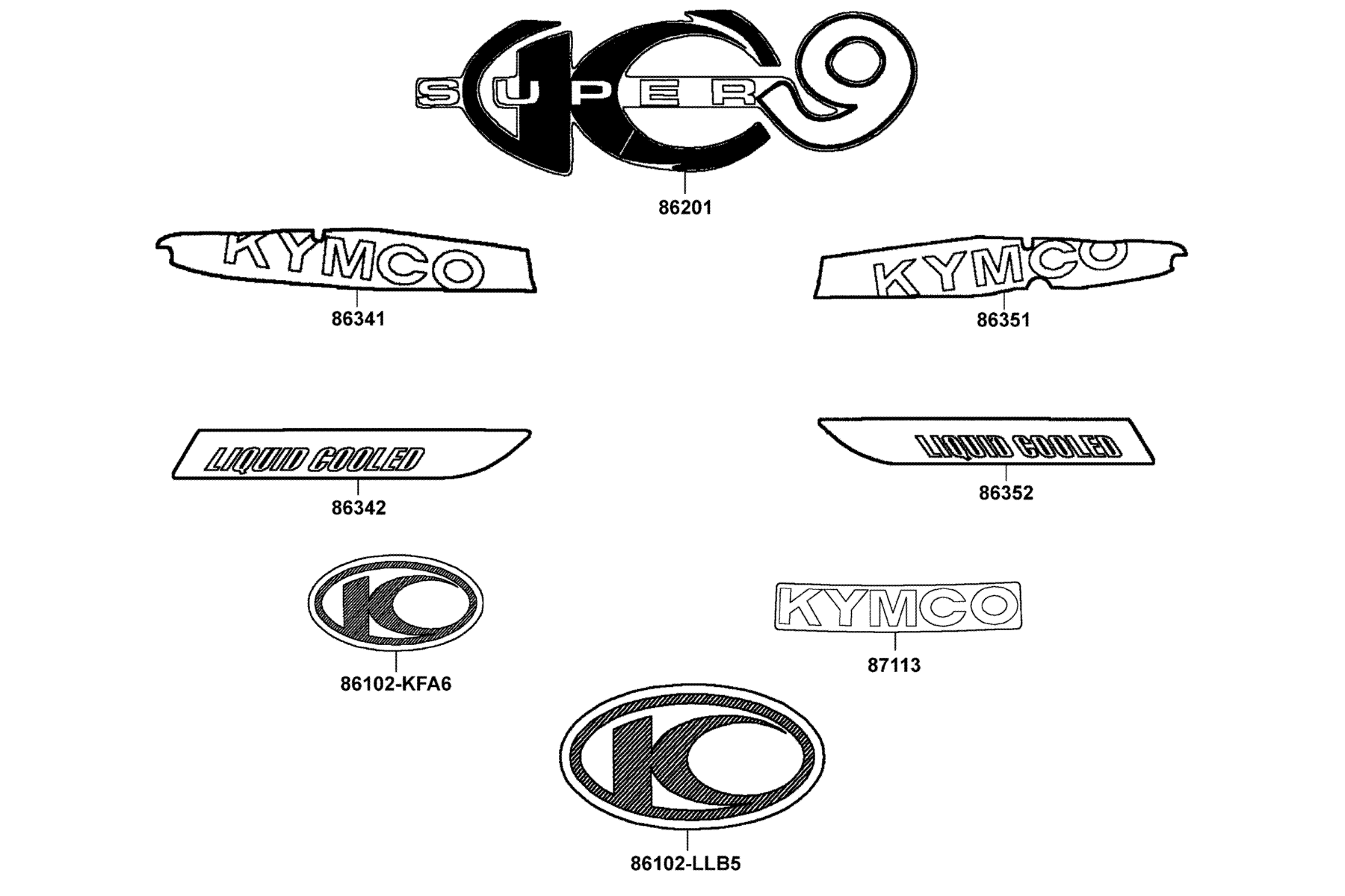 KYMCO SUPER 9 (2003-2004) Emblem and Stripe parts diagram
