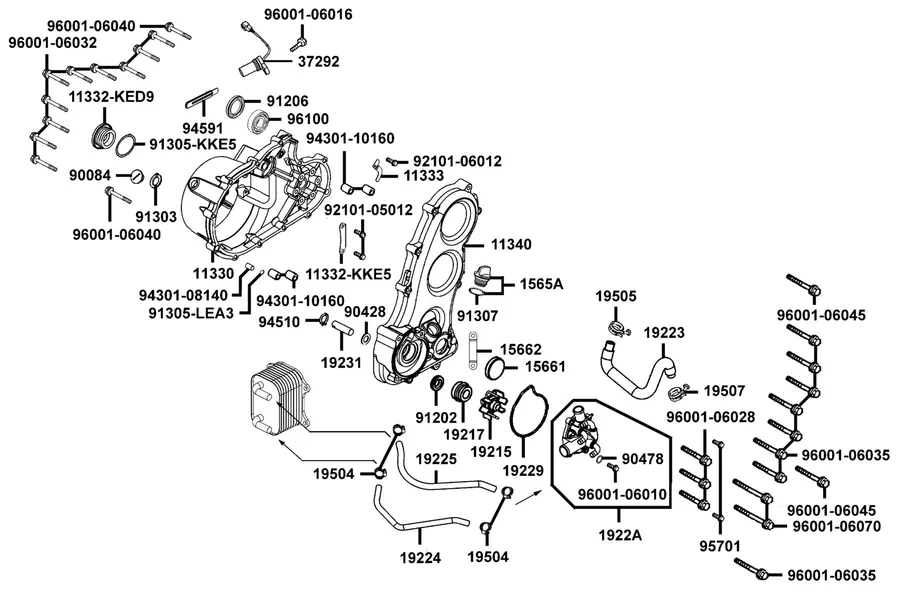 E04 Right Crankcase Cover and Water Pump parts diagram