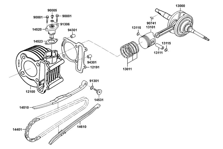 E03 Cylinder, Piston and Crankshaft parts diagram